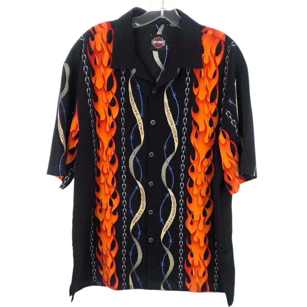 Harley Davidson Y2K Chain Flames Button Down Shirt Mens Large Tori Richard Black